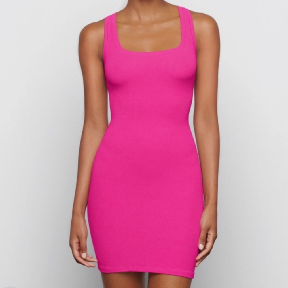 SKIMS Neon Pink Ribbed Square Neck Mini Dress